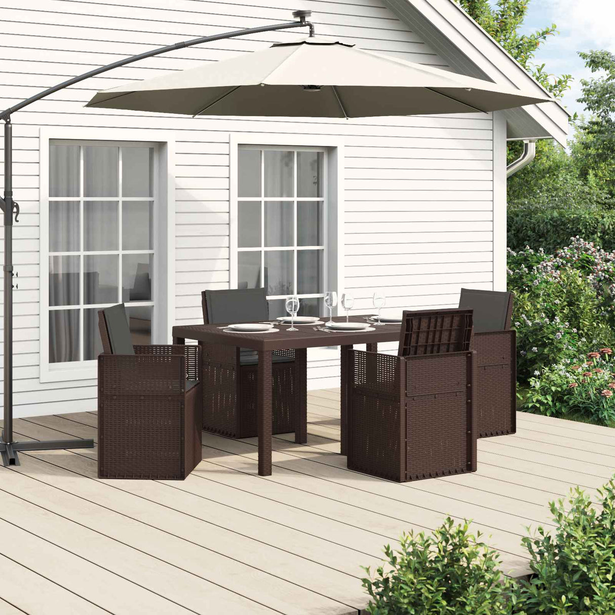 vidaXL Tuin Eettafel Set met kussen 3 pcs Bruin en crèmekleurig PP