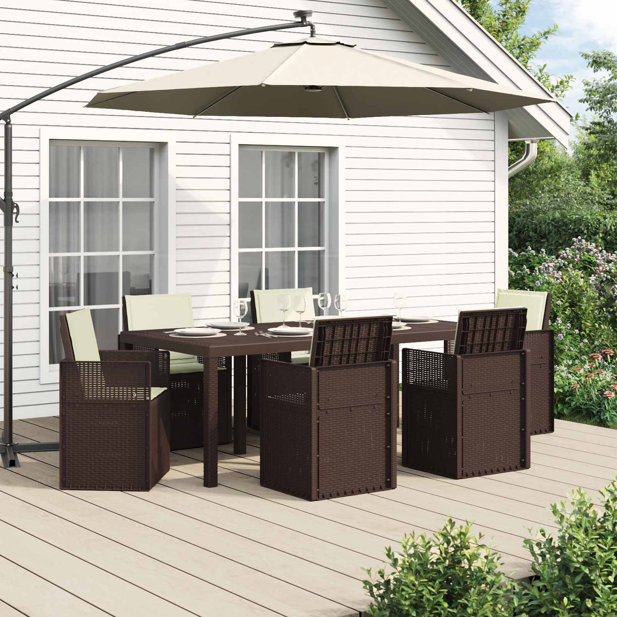 vidaXL Tuin Eettafel Set met kussen 3 pcs Bruin en crèmekleurig PP