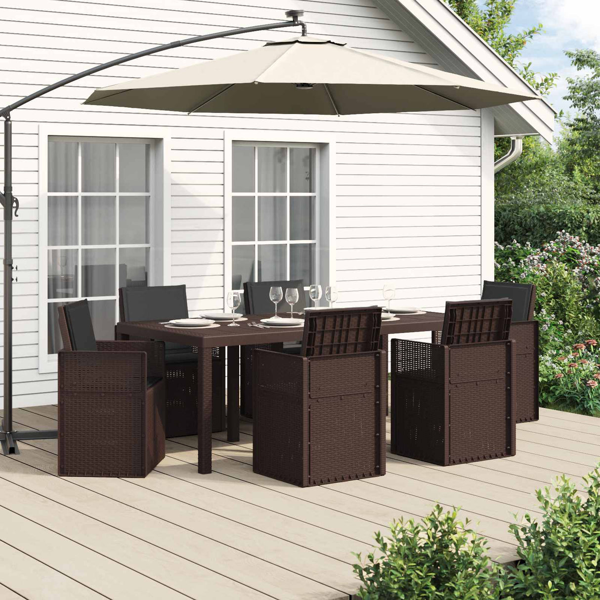 vidaXL Tuin Eettafel Set met kussen 3 pcs Bruin en crèmekleurig PP
