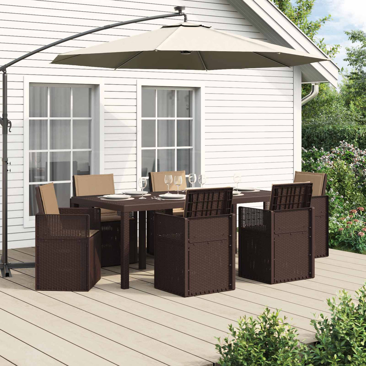 vidaXL Tuin Eettafel Set met kussen 3 pcs Bruin en crèmekleurig PP