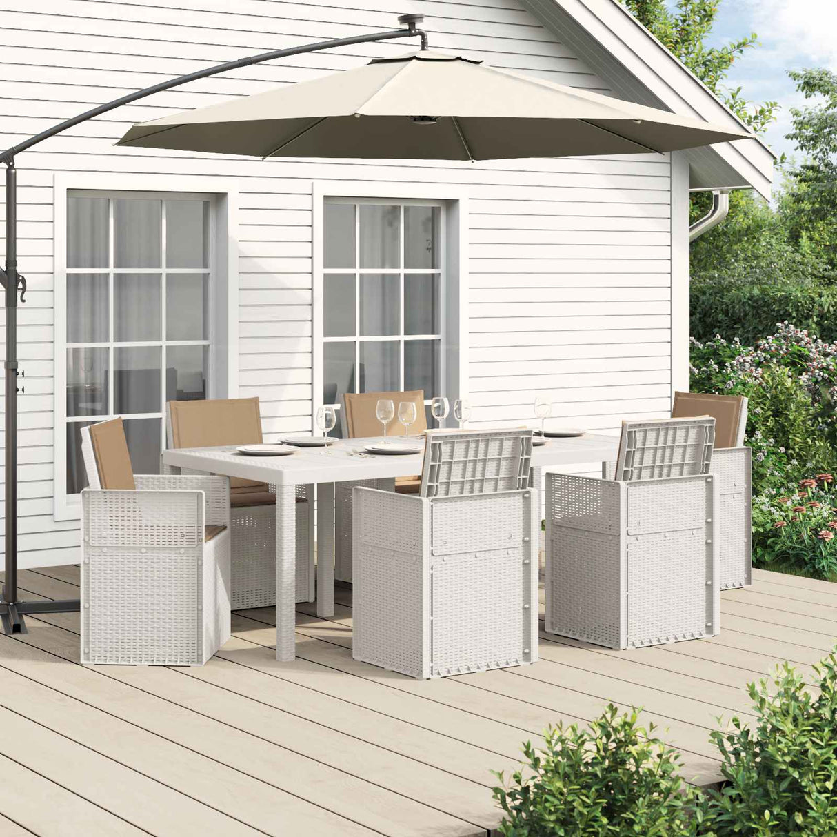 vidaXL Tuin Eettafel Set met kussen 3 pcs Bruin en crèmekleurig PP