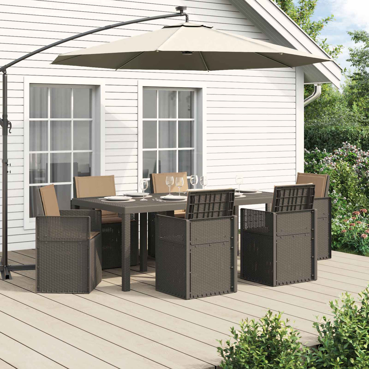 vidaXL Tuin Eettafel Set met kussen 3 pcs Bruin en crèmekleurig PP