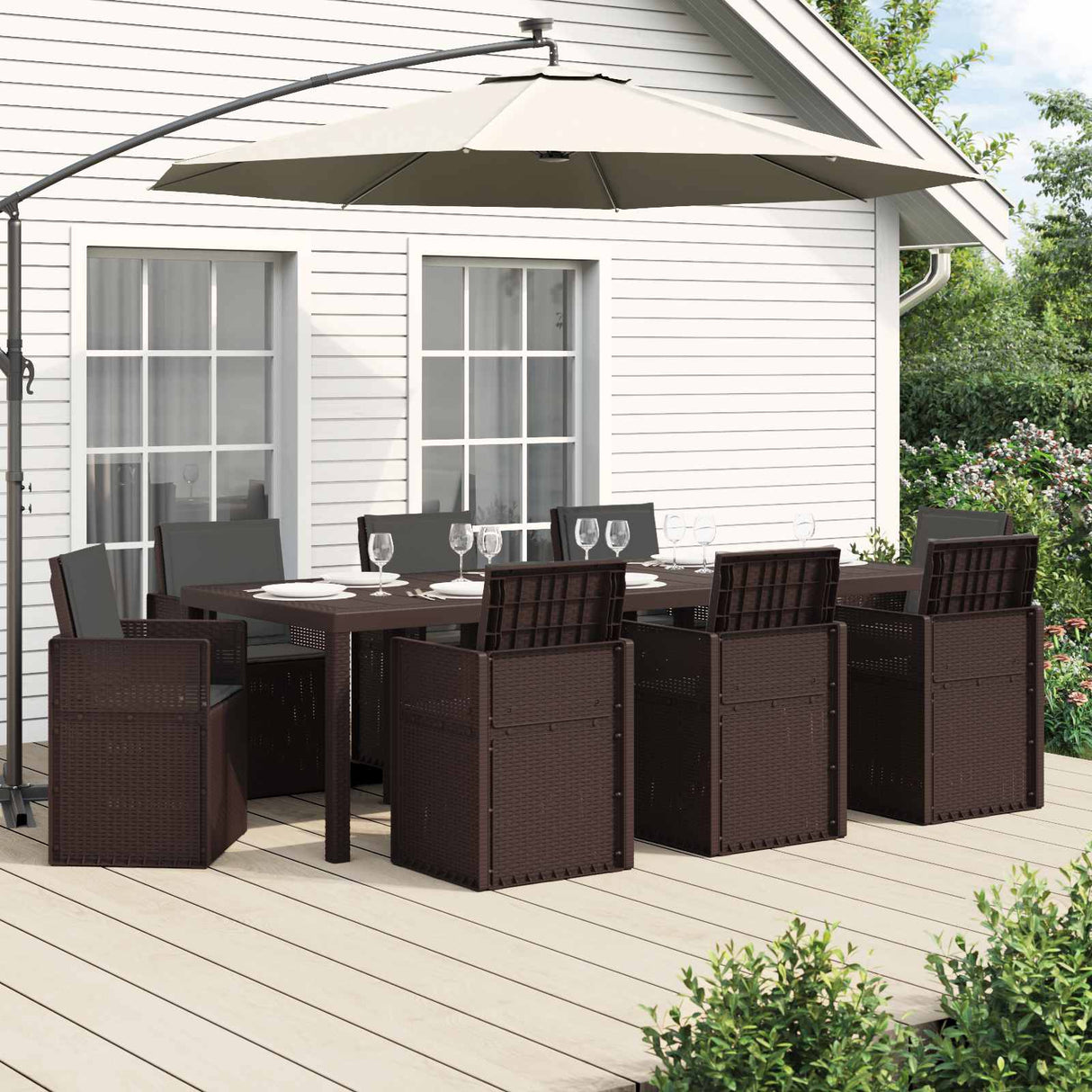 vidaXL Tuin Eettafel Set met kussen 3 pcs Bruin en crèmekleurig PP
