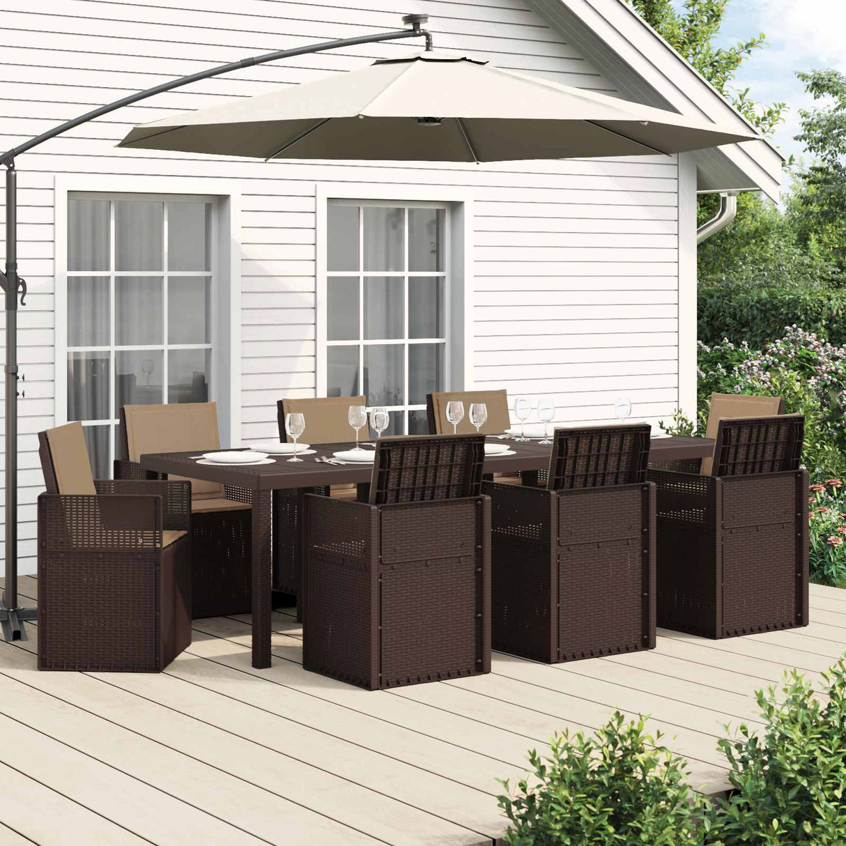 vidaXL Tuin Eettafel Set met kussen 3 pcs Bruin en crèmekleurig PP