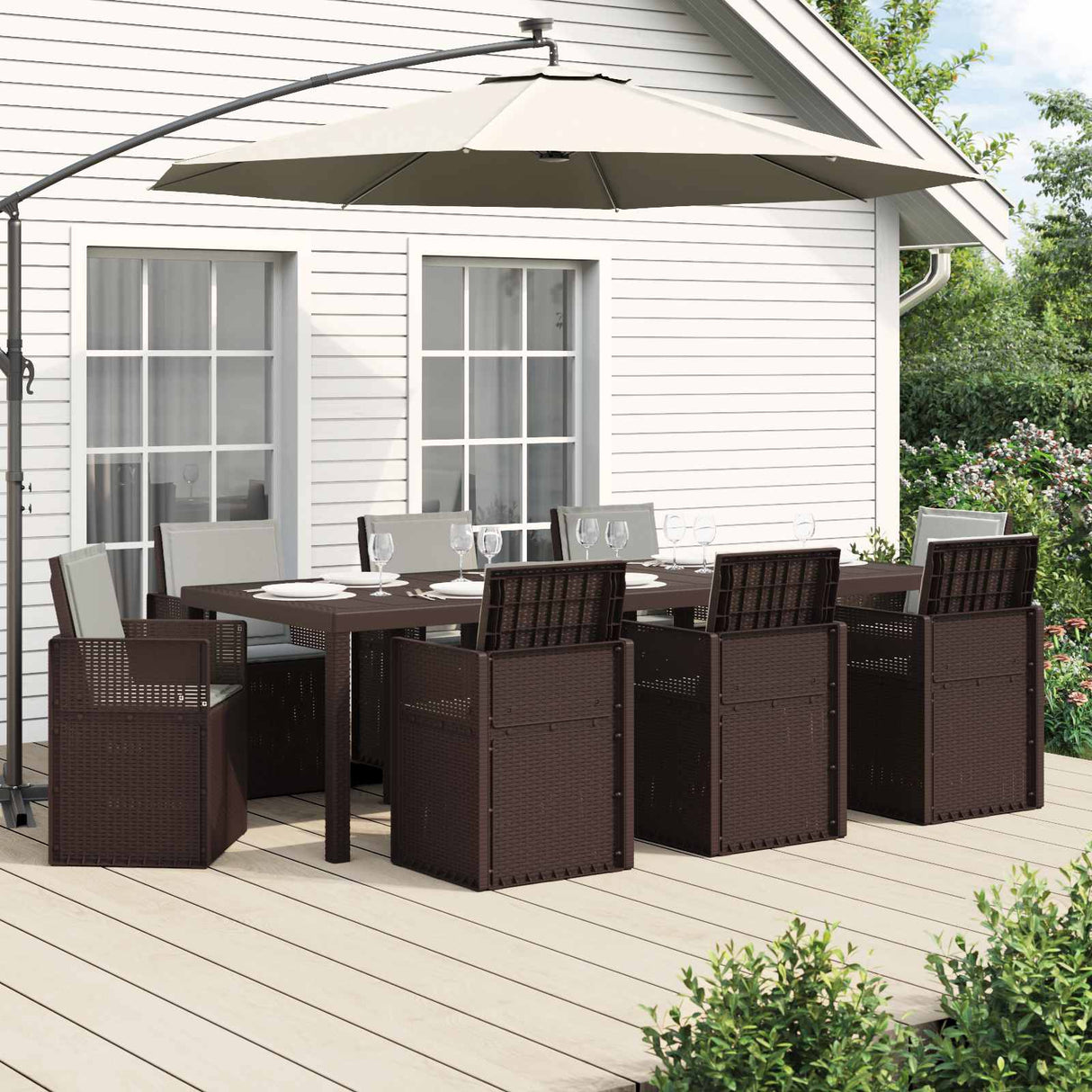 vidaXL Tuin Eettafel Set met kussen 3 pcs Bruin en crèmekleurig PP
