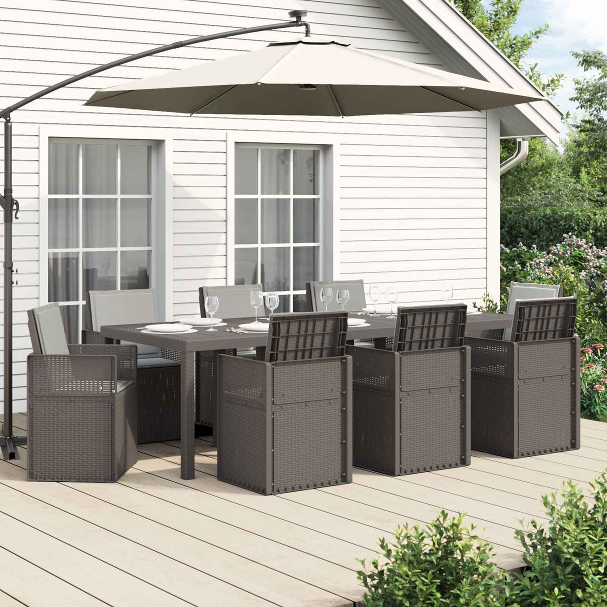 vidaXL Tuin Eettafel Set met kussen 3 pcs Bruin en crèmekleurig PP