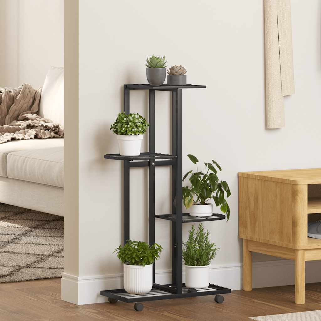 vidaXL Flower Pot Stand with Wheels 4-Tier 44x23x80 cm Iron Black