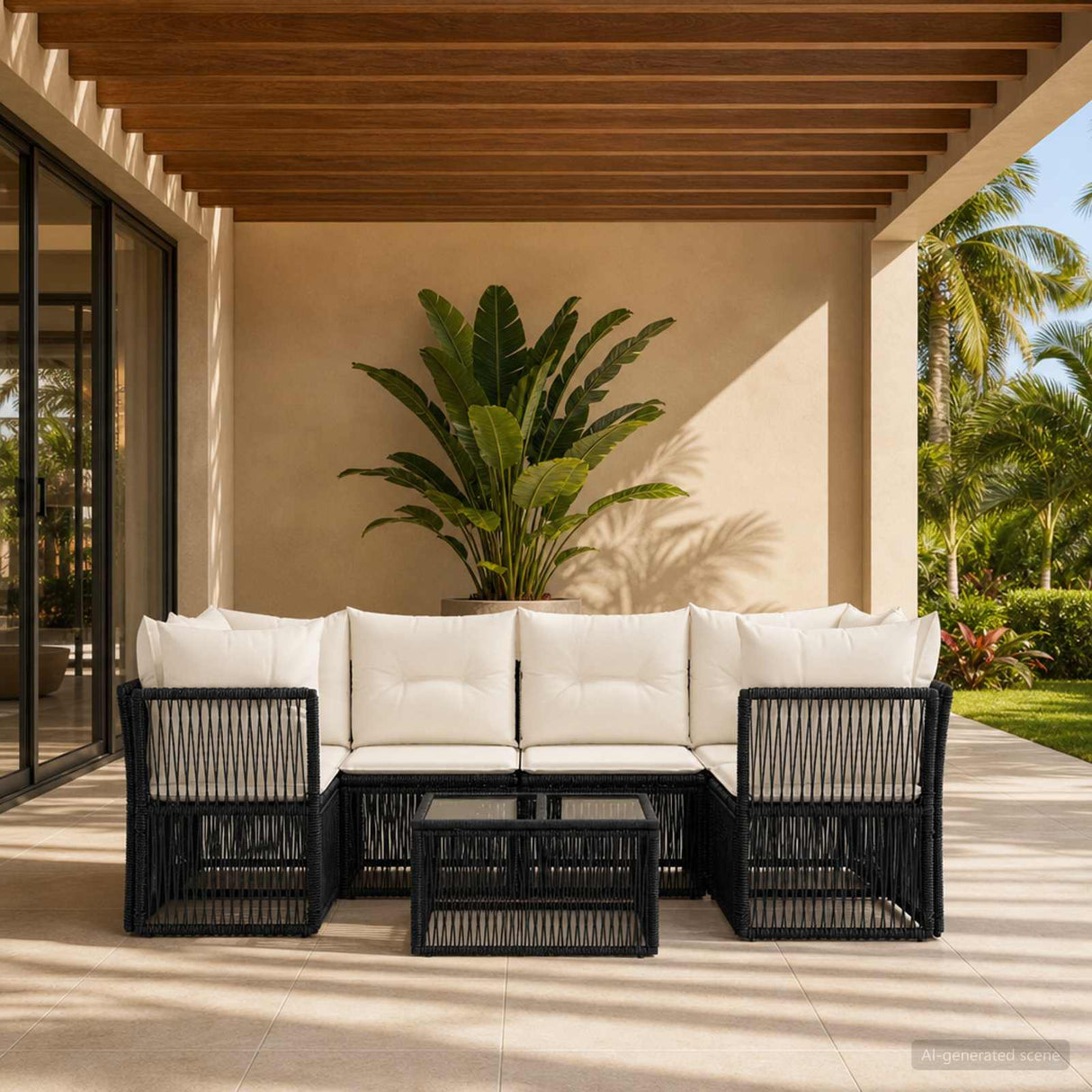 vidaXL Tuinbank Set 7 st Zwart poly rattan