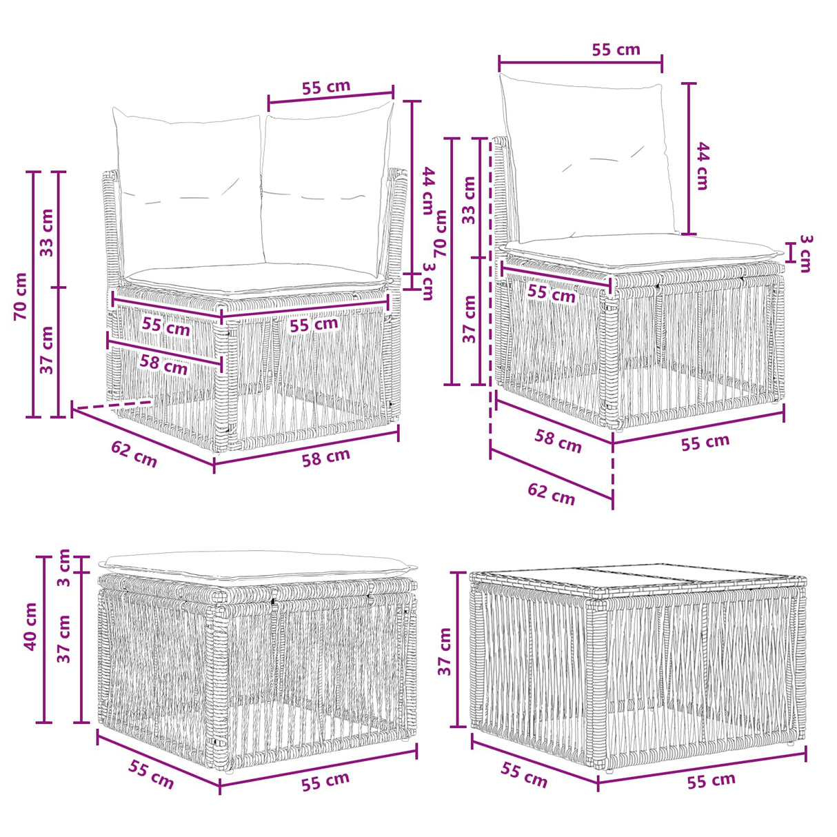vidaXL Tuinbank Set 6 pcs Zwart poly rattan