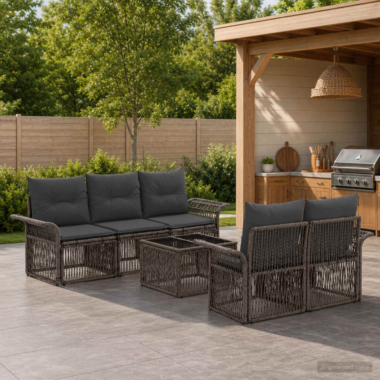 vidaXL Garden Bench Set 6 Pcs Black Poly Rattan