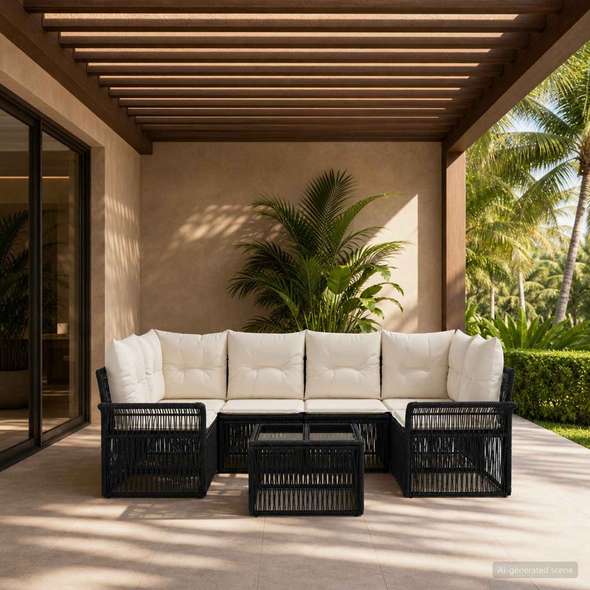 vidaXL Tuinbank Set 7 st Zwart poly rattan