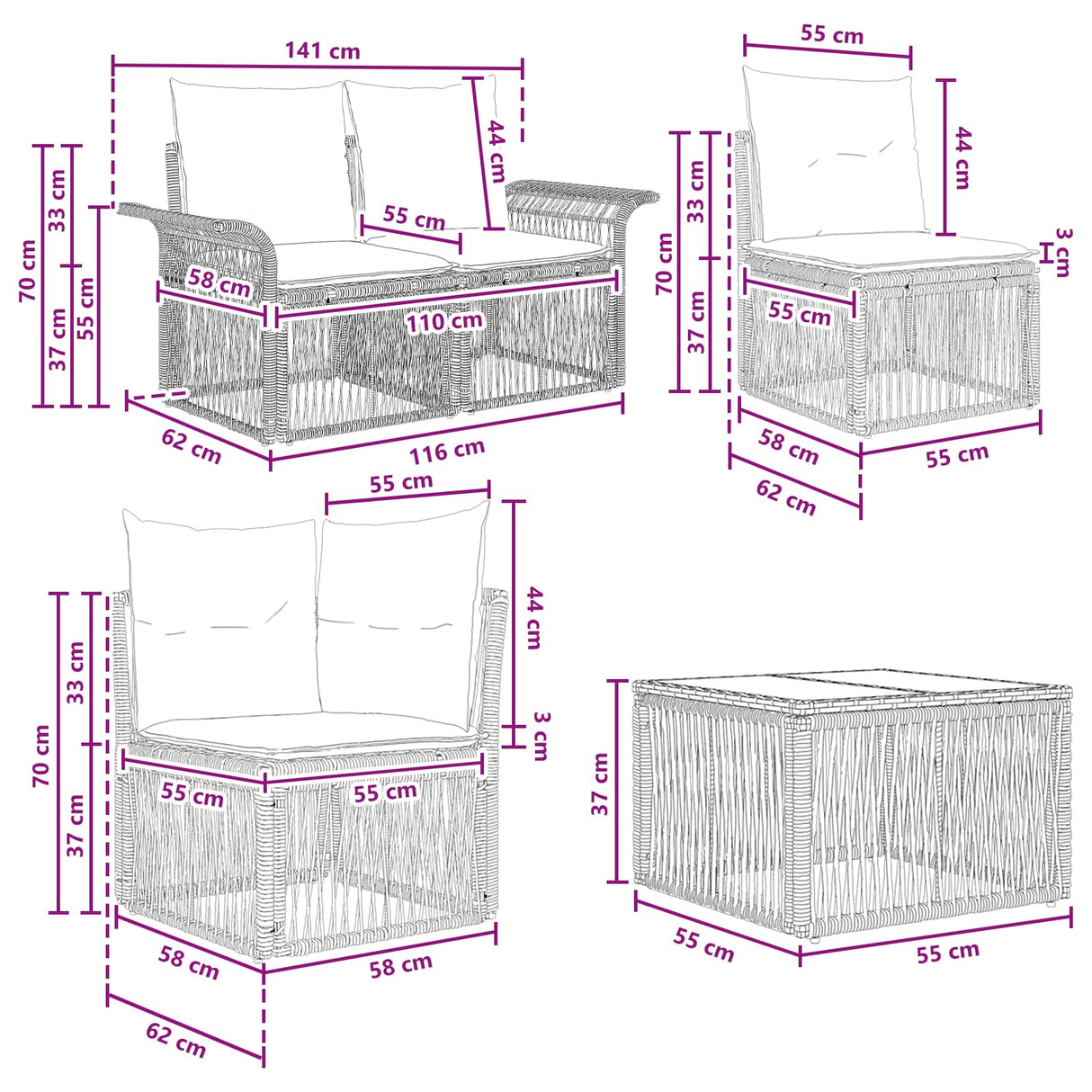 vidaXL Tuinbank Set 7 st Zwart poly rattan