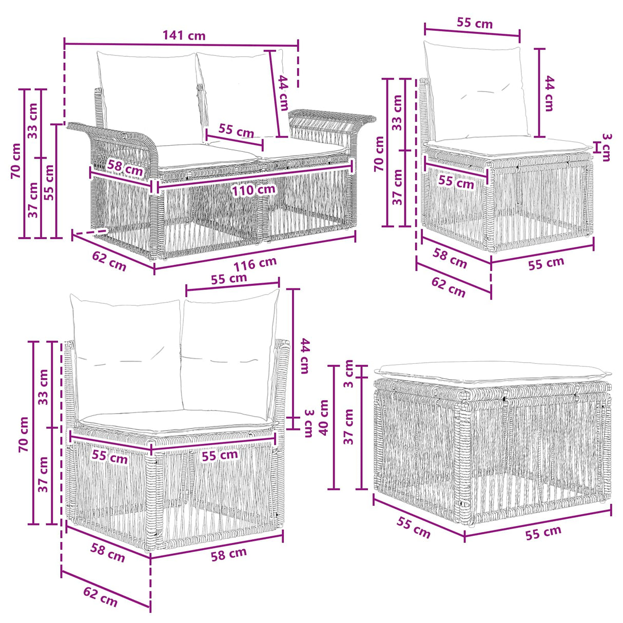 vidaXL Tuinbank Set 8 pcs Zwart poly rattan