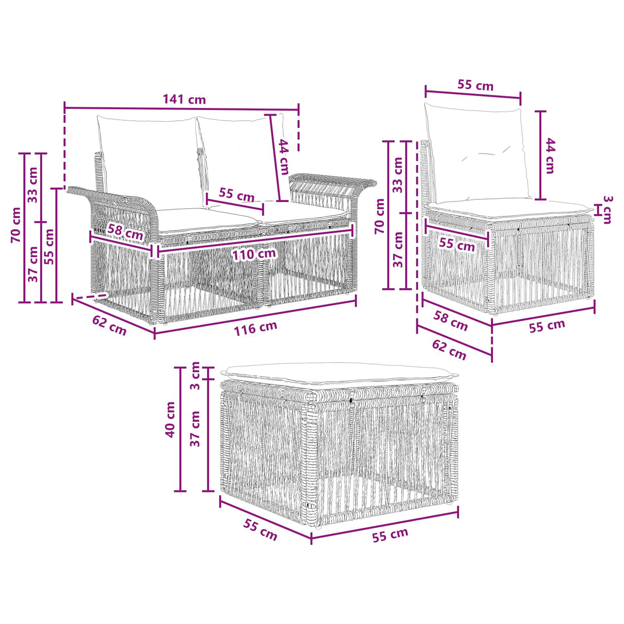 vidaXL Tuinbank Set 8 pcs Zwart poly rattan