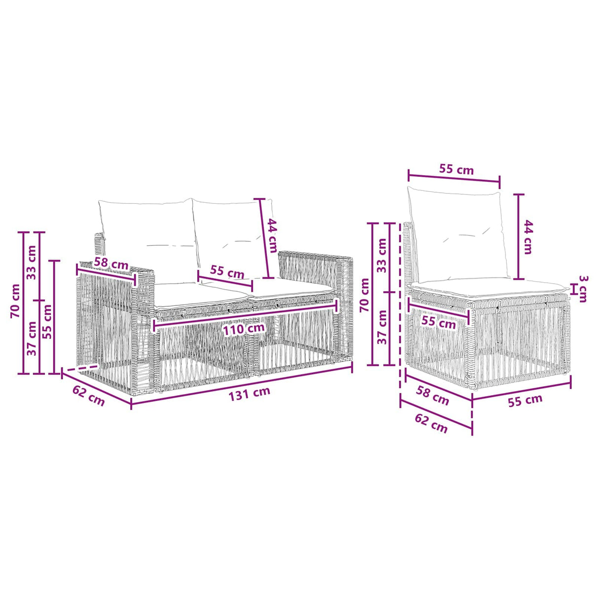 vidaXL Tuinbank Set 4 pcs Zwart en Crème Wit poly rattan