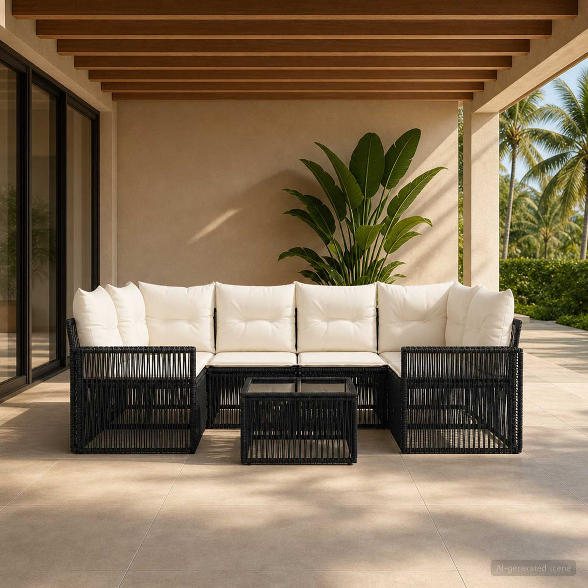 vidaXL Tuinbank Set 7 st Zwart poly rattan