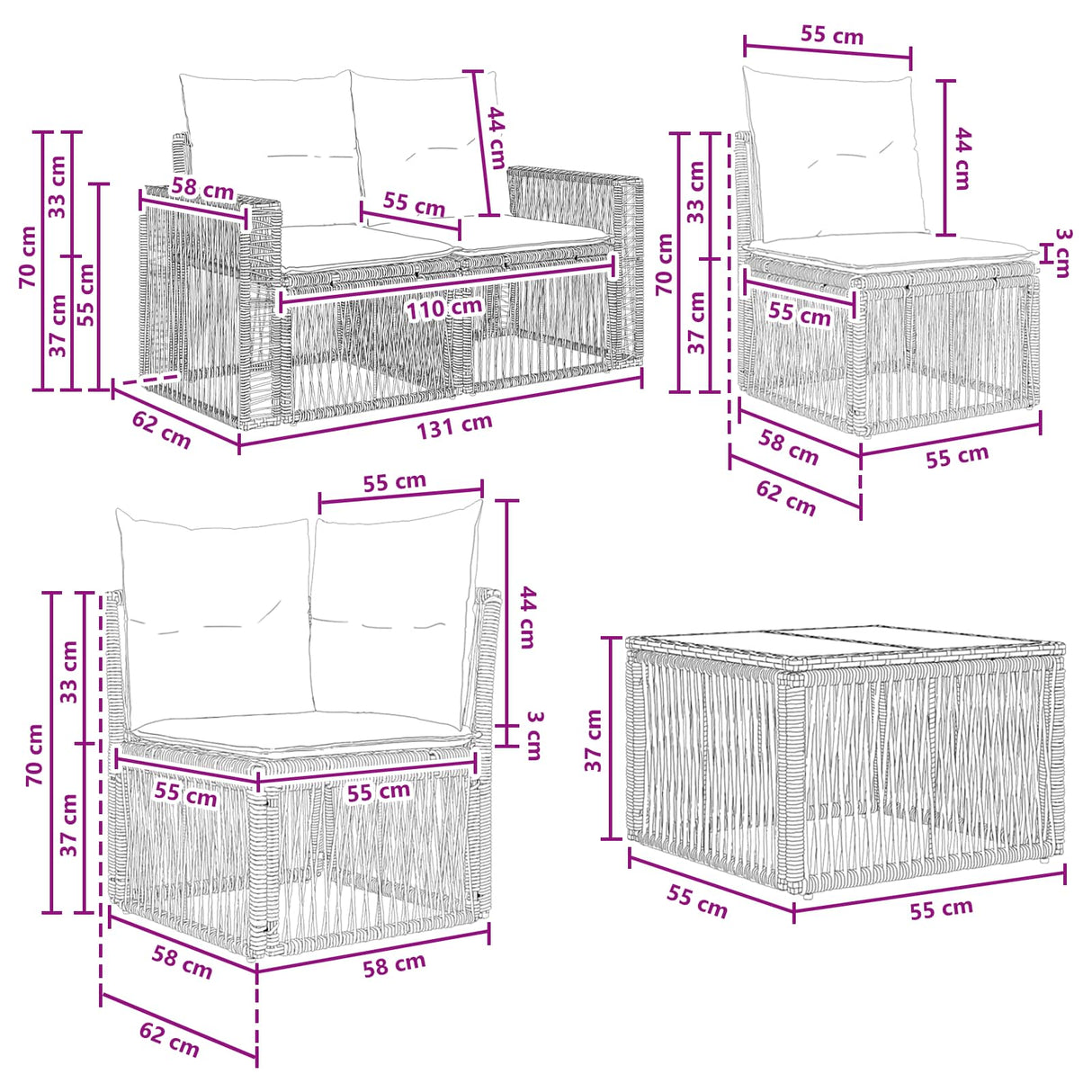 vidaXL Tuinbank Set 7 st Zwart poly rattan