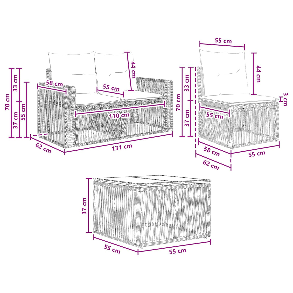 vidaXL Tuinbank Set 8 st Zwart poly rattan