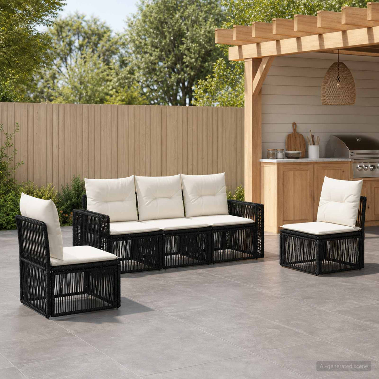 vidaXL Tuinbank Set 6 pcs Zwart en Crème Wit poly rattan