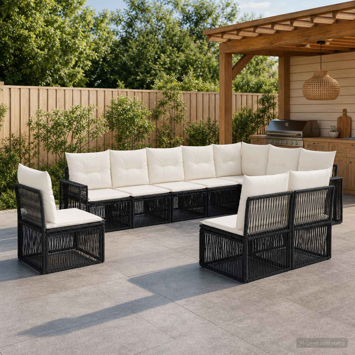 vidaXL Tuinbank Set 11 pcs Zwart en Crème Wit poly rattan