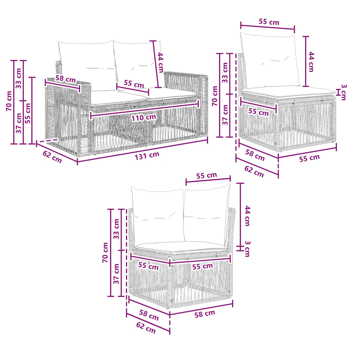vidaXL Tuinbank Set 11 pcs Zwart en Crème Wit poly rattan