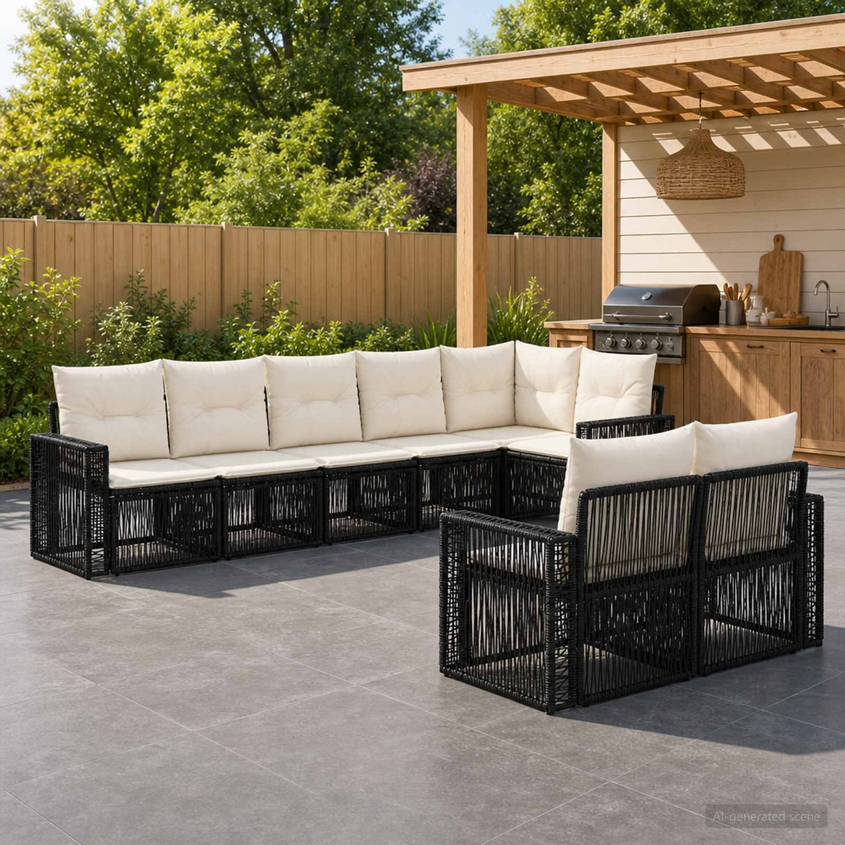 vidaXL Tuinbank Set 9 pcs Zwart en Crème Wit poly rattan