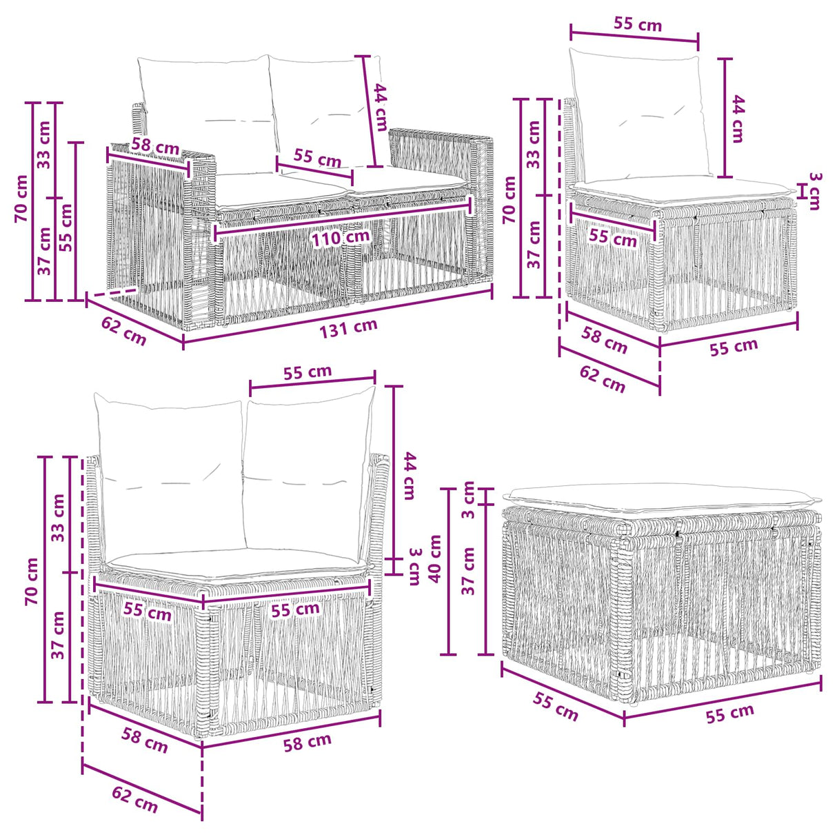 vidaXL Tuinbank Set 9 pcs Zwart en Crème Wit poly rattan