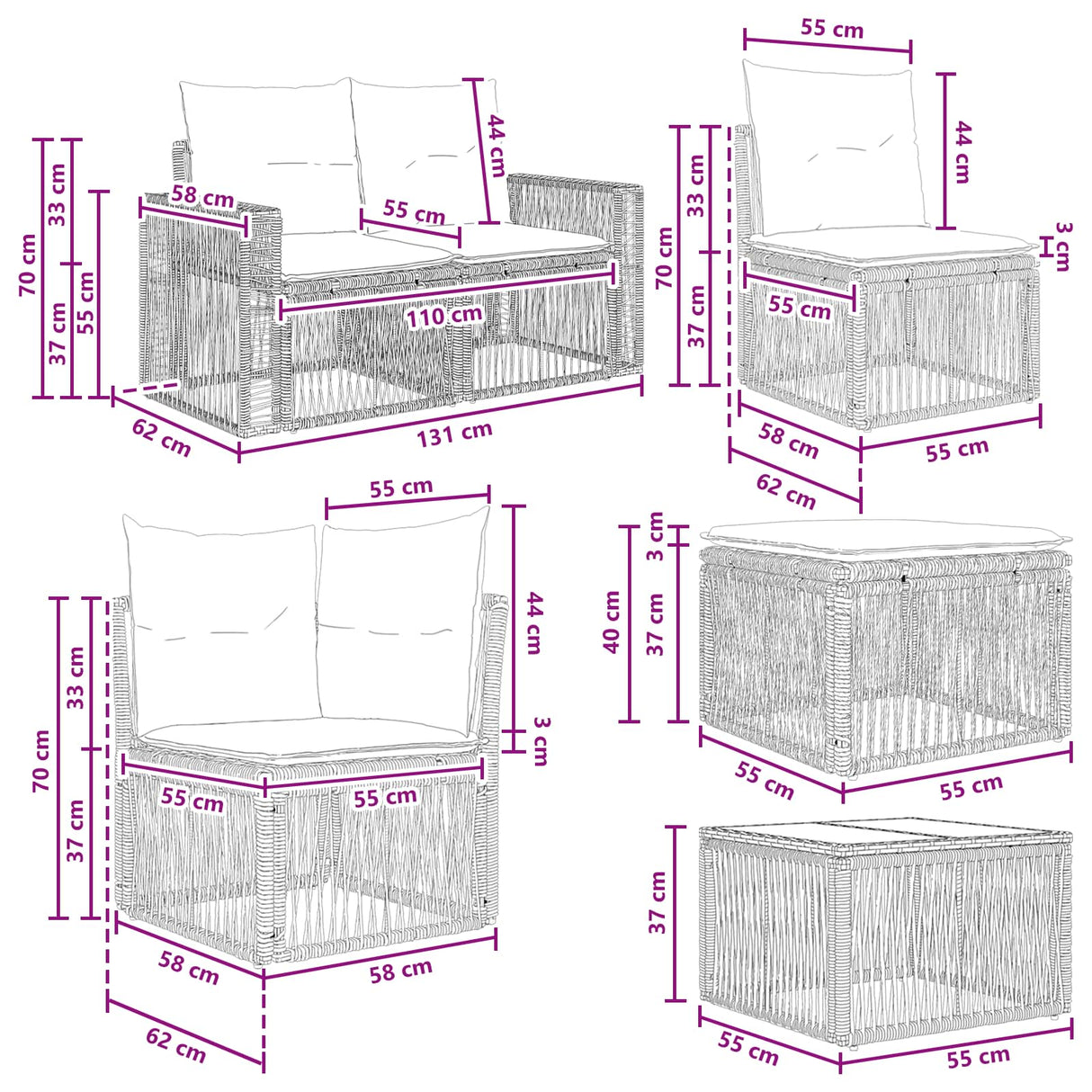 vidaXL Tuinbank Set 11 st Zwart poly rattan