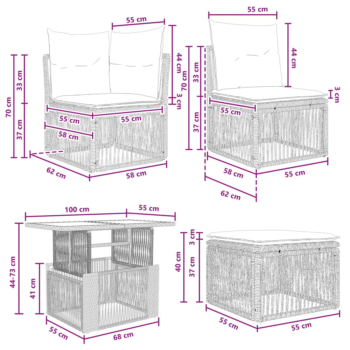 vidaXL Tuinbank Set 12 pcs Zwart en Crème Wit poly rattan