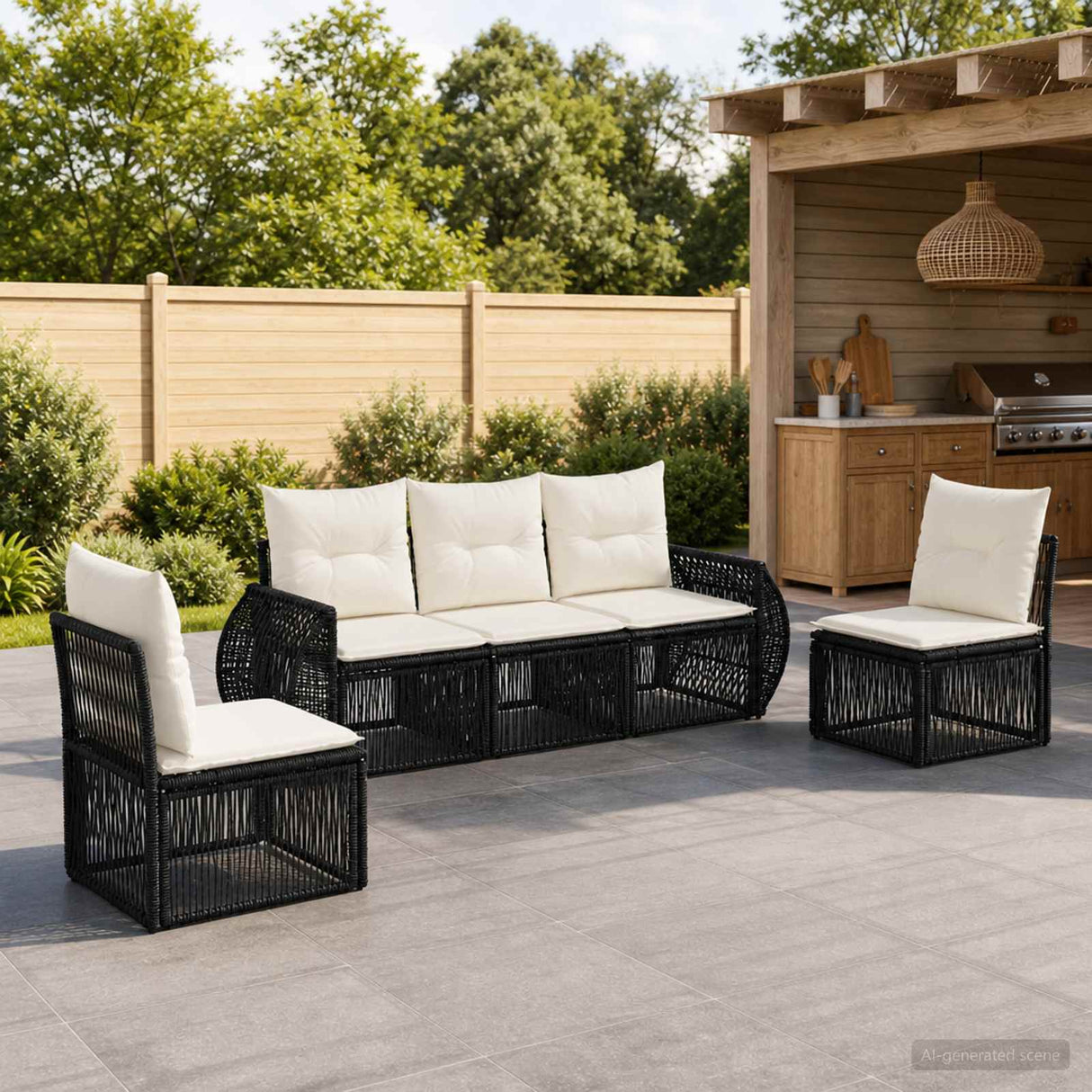 vidaXL Tuinbank Set 6 pcs Zwart en Crème Wit poly rattan