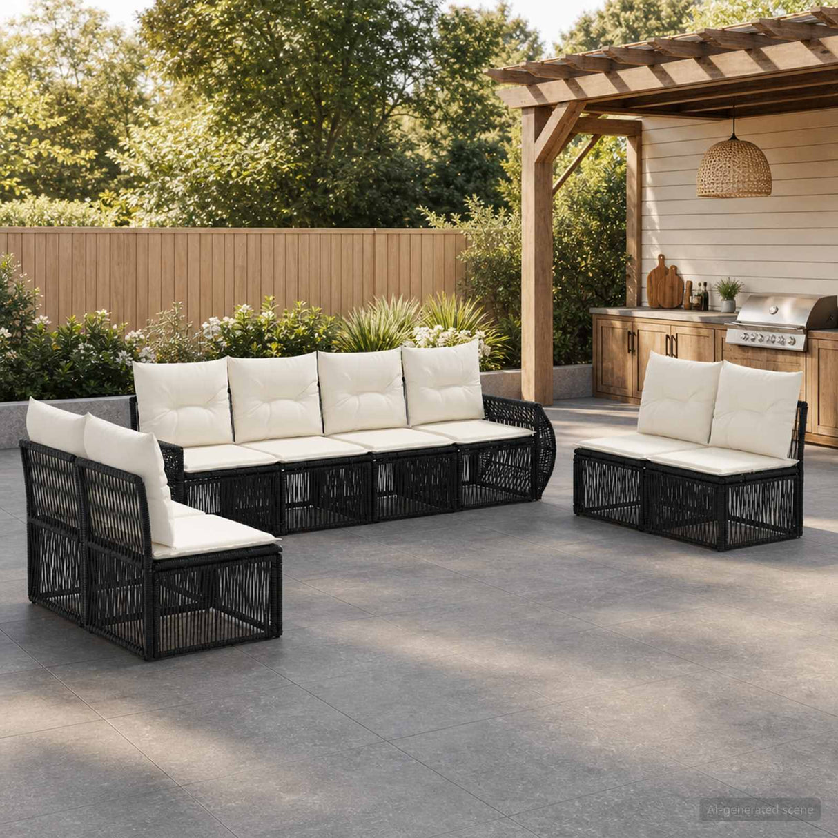 vidaXL Tuinbank Set 9 pcs Zwart en Crème Wit poly rattan