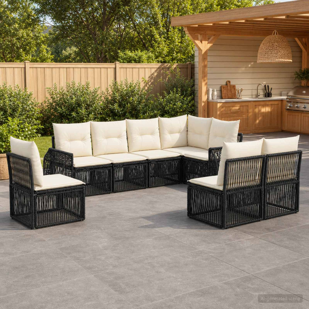 vidaXL Tuinbank Set 9 pcs Zwart en Crème Wit poly rattan