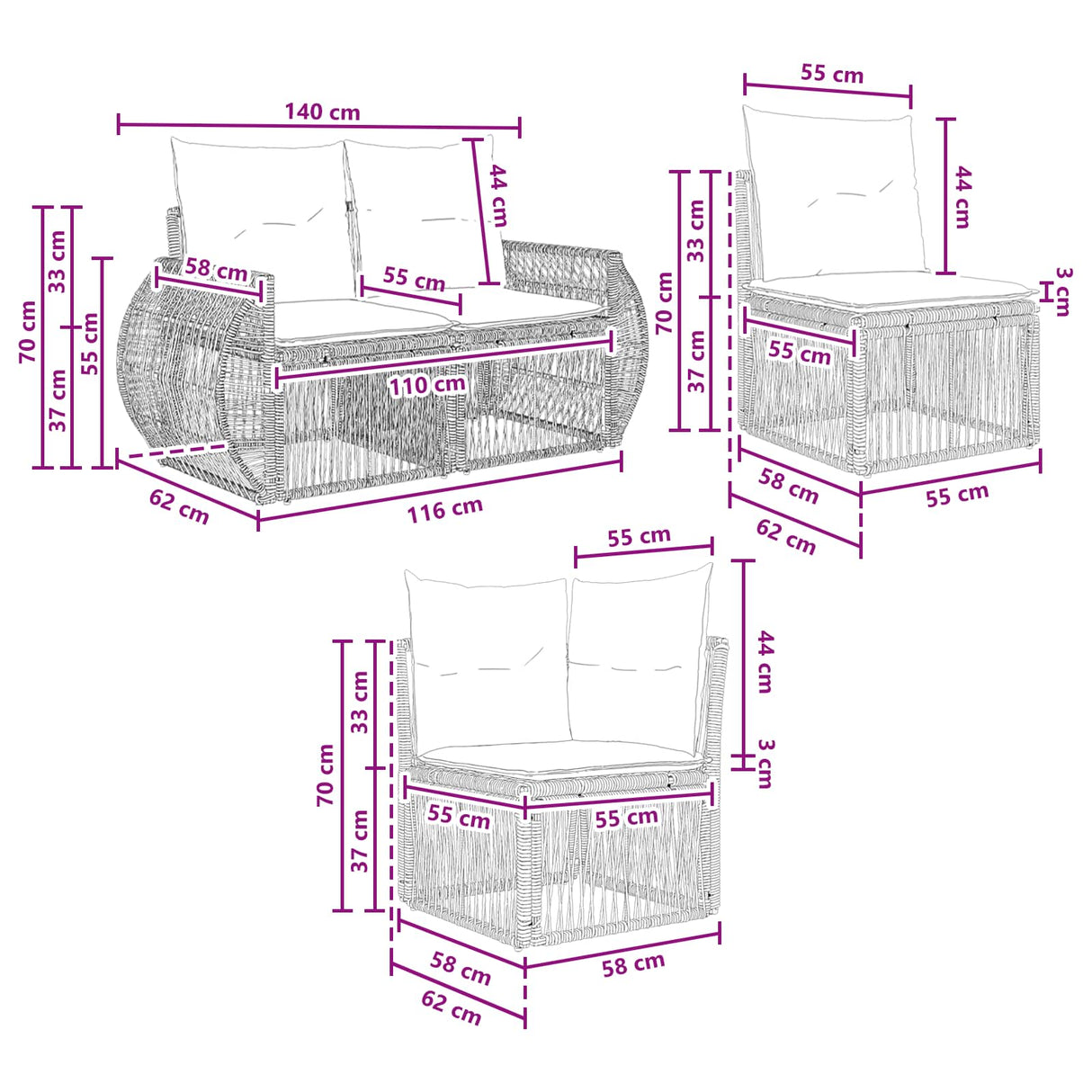 vidaXL Tuinbank Set 11 pcs Zwart en Crème Wit poly rattan