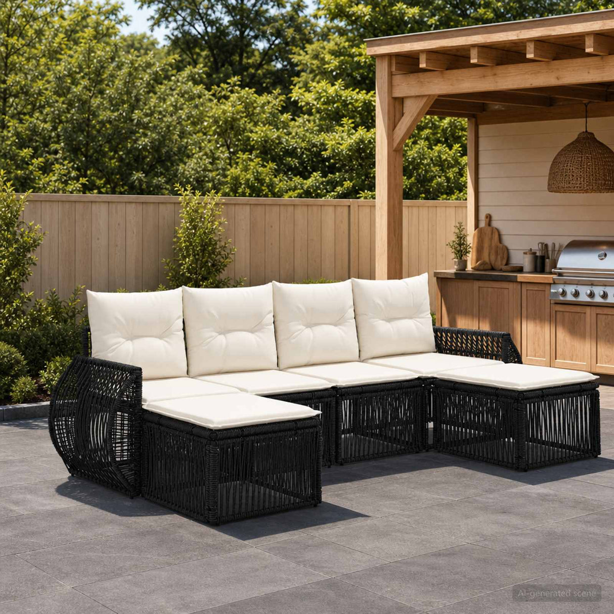 vidaXL Tuinbank Set 7 pcs Zwart en Crème Wit poly rattan