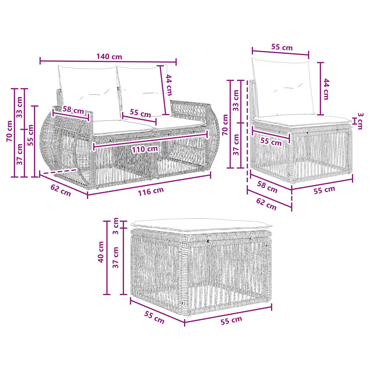 vidaXL Tuinbank Set 8 pcs Zwart en Crème Wit poly rattan