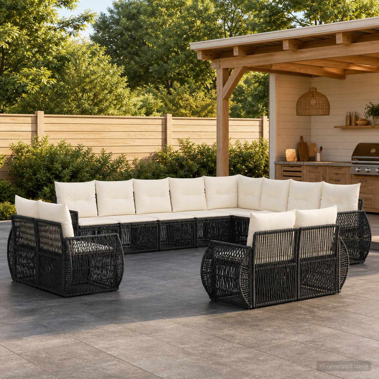 vidaXL Tuinbank Set 14 pcs Zwart en Crème Wit poly rattan