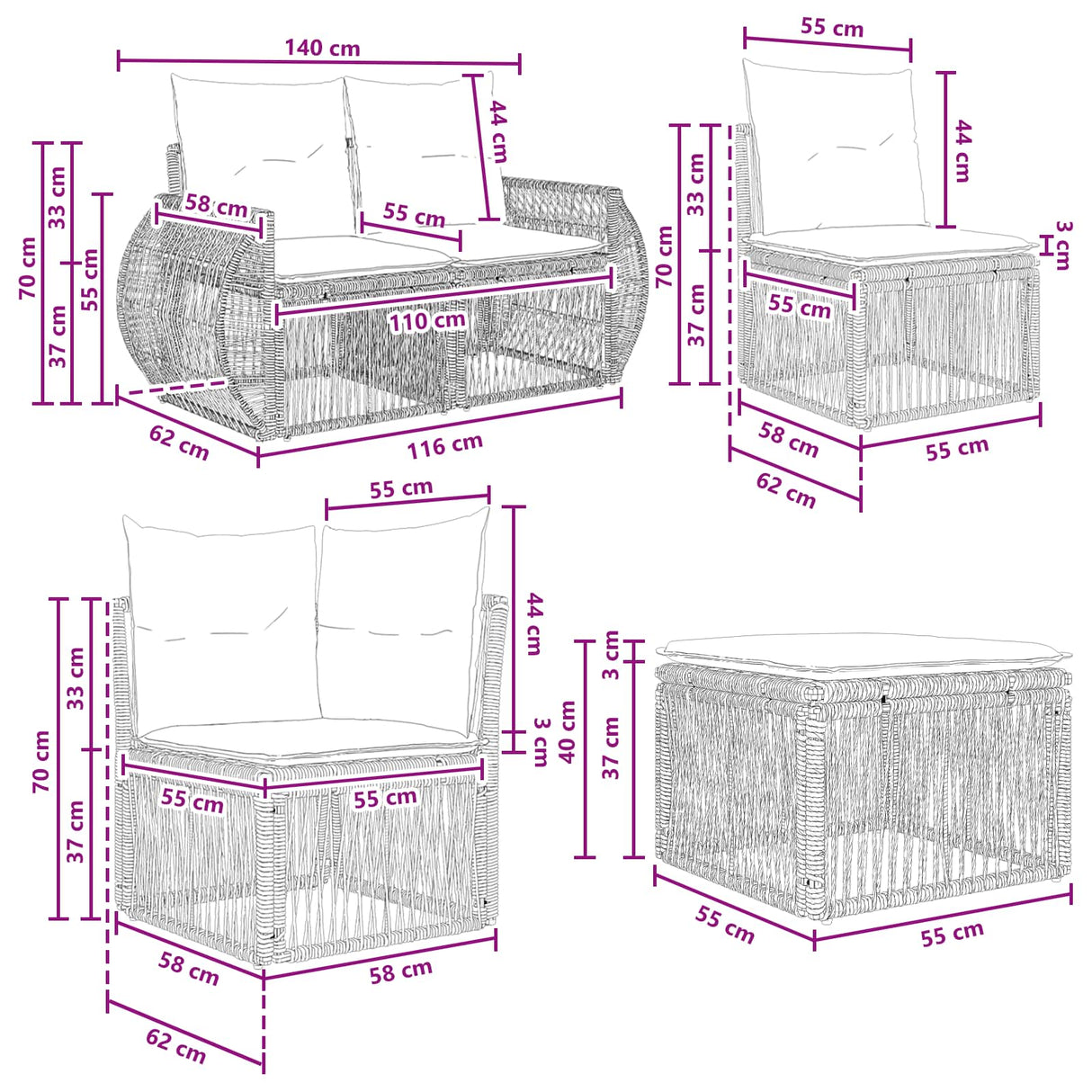 vidaXL Garden Sofa Set 12 pcs Black poly rattan