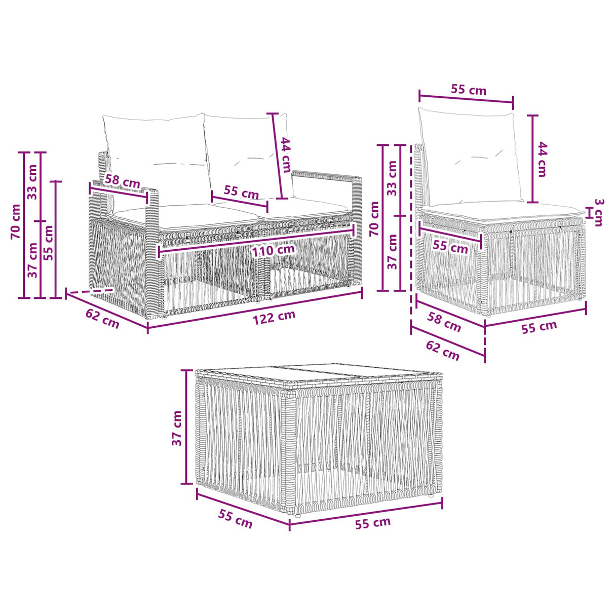 vidaXL Tuinbank Set 7 st Zwart poly rattan