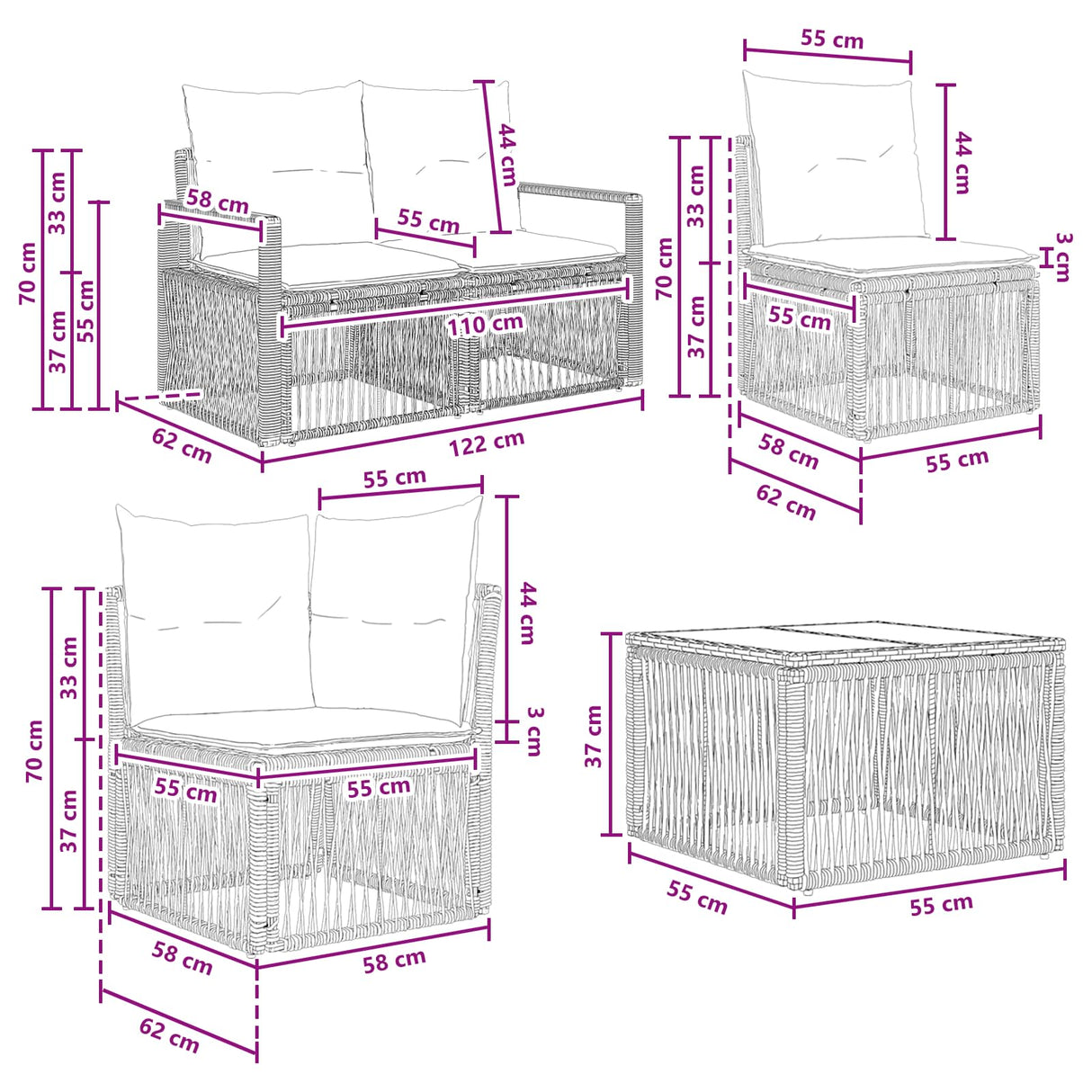 vidaXL Garden Sofa Set 7 pcs Black poly rattan