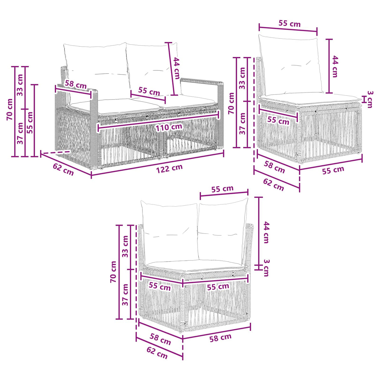 vidaXL Tuinbank Set 7 pcs Zwart poly rattan