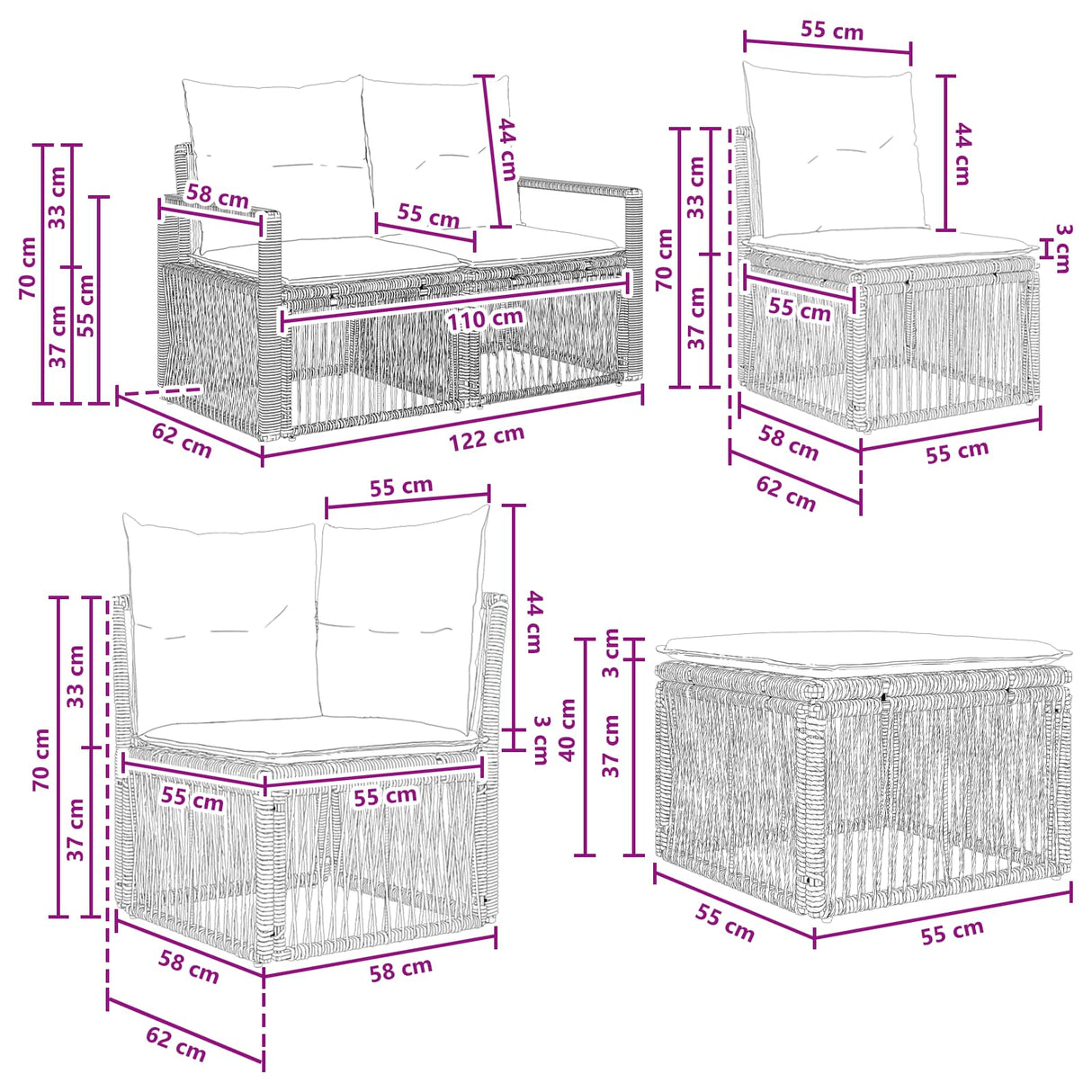 vidaXL Tuinbank Set 8 pcs Zwart poly rattan