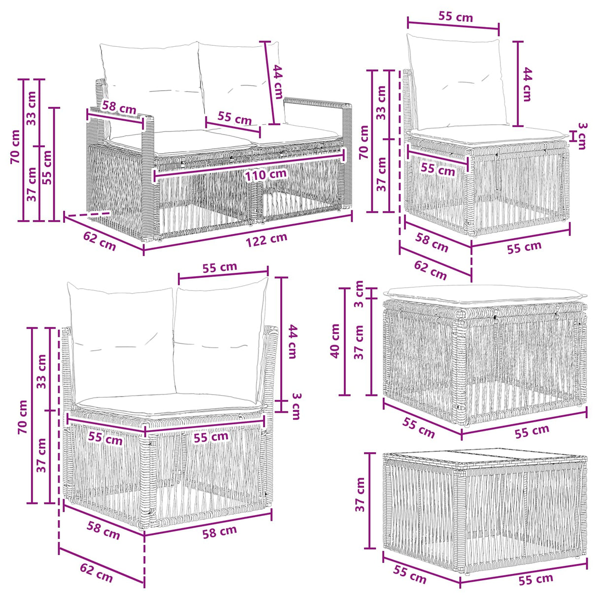 vidaXL Tuinbank Set 11 st Zwart poly rattan