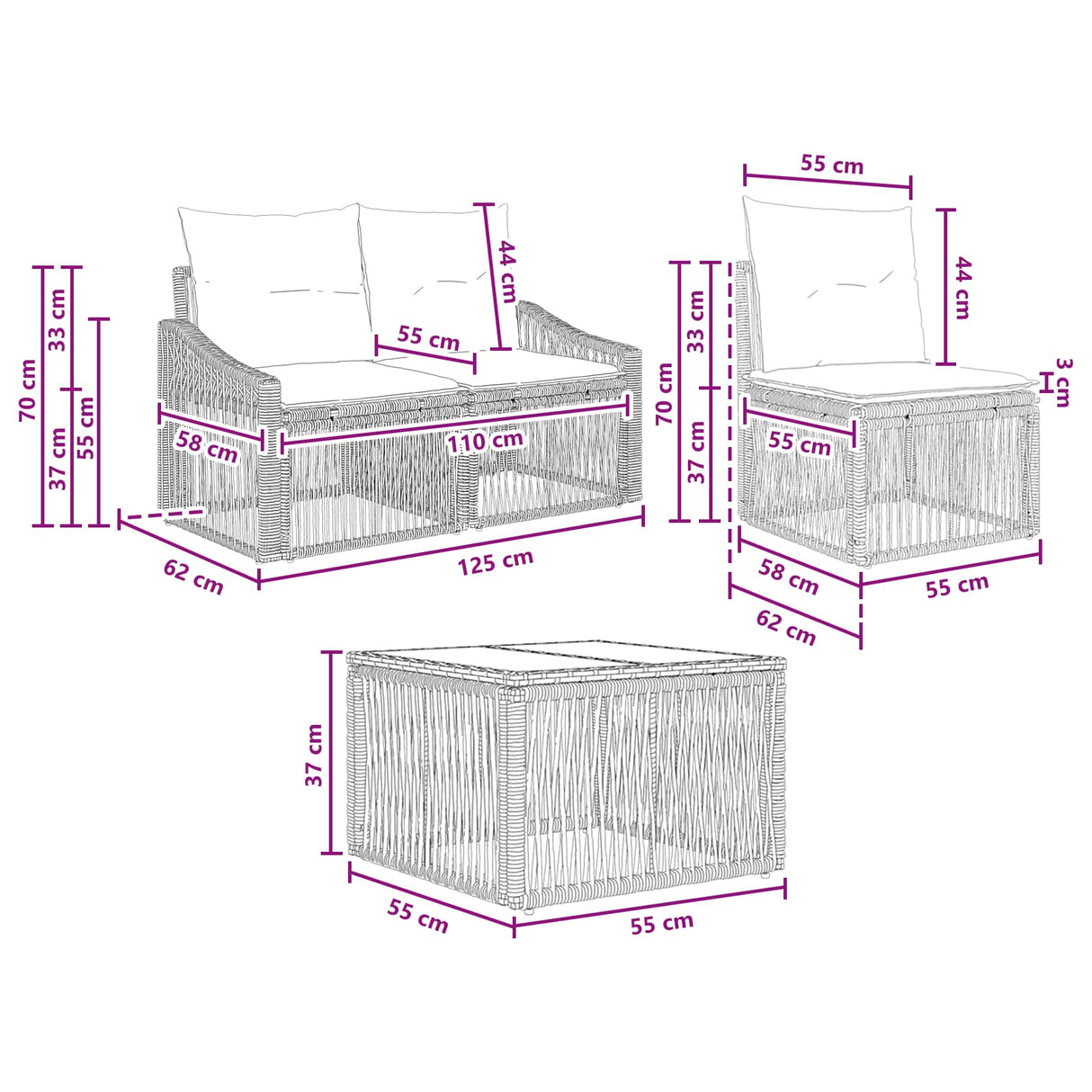 vidaXL Tuinbank Set 7 st Zwart poly rattan