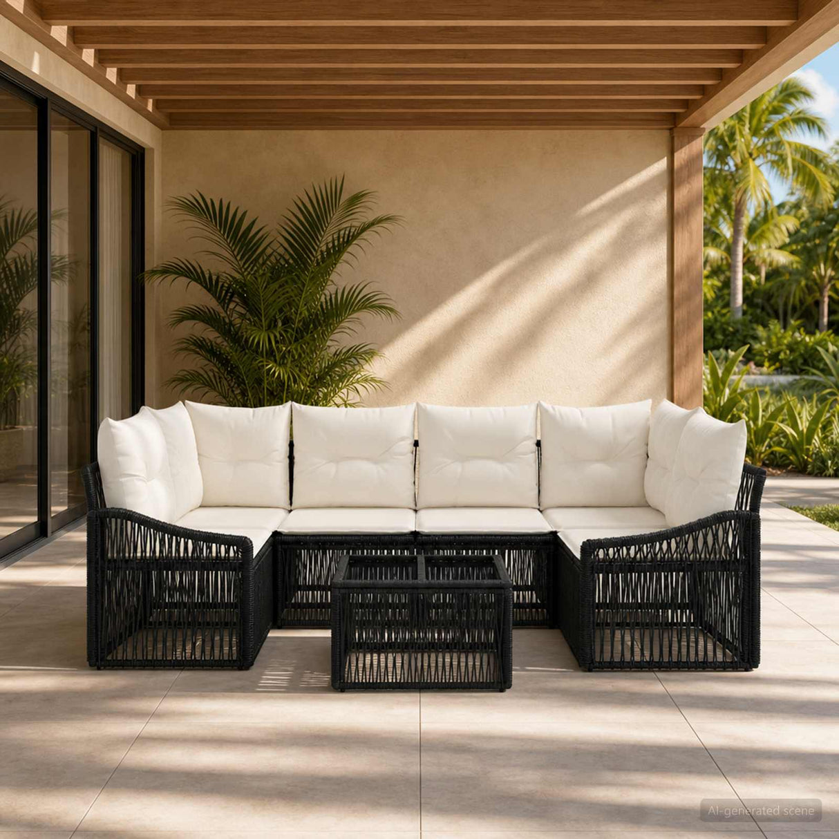 vidaXL Tuinbank Set 7 st Zwart poly rattan