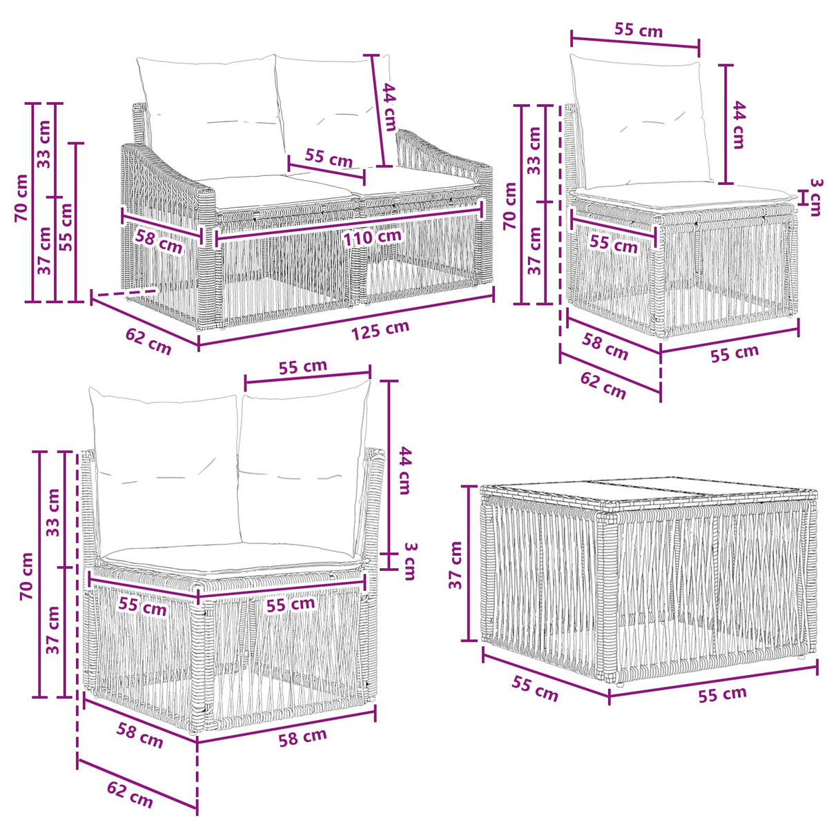 vidaXL Tuinbank Set 8 st Zwart poly rattan