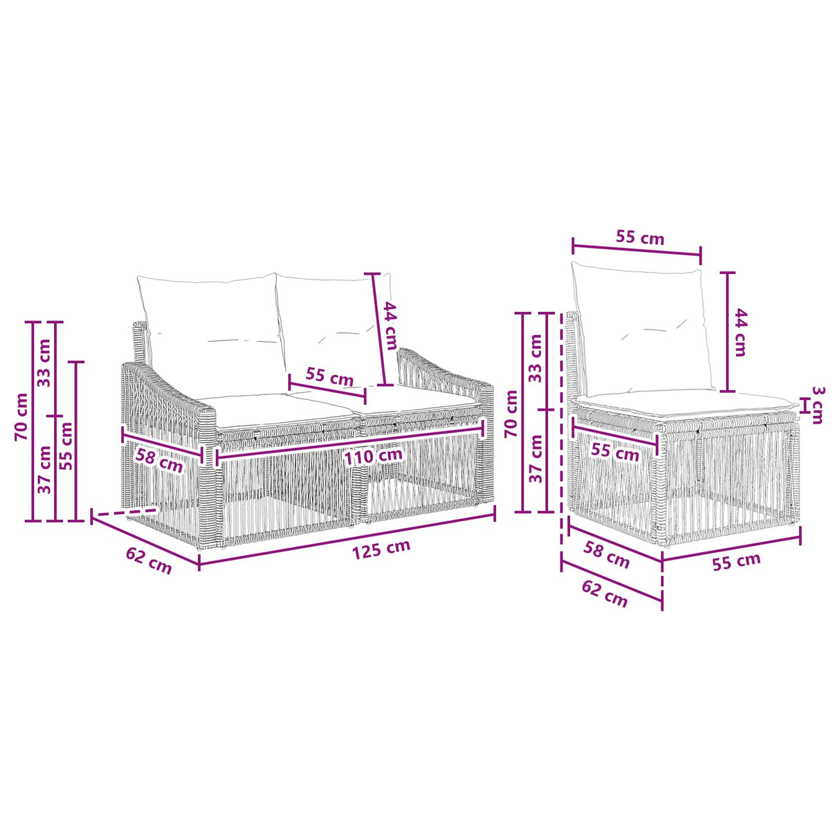 vidaXL Tuinbank Set 7 pcs Zwart poly rattan