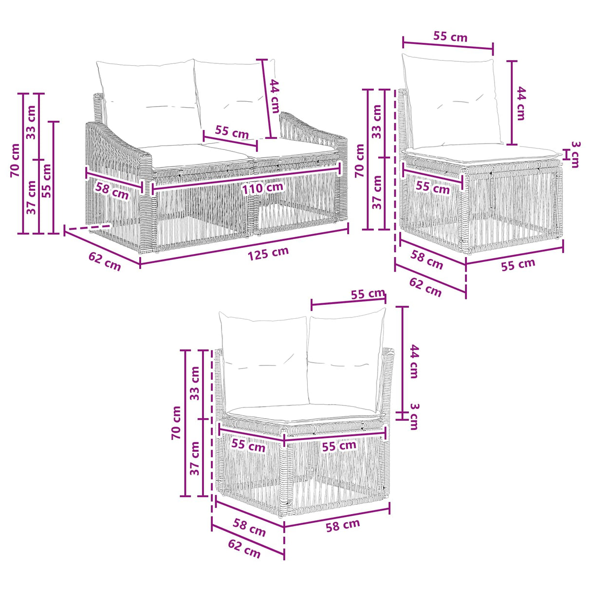 vidaXL Tuinbank Set 9 pcs Zwart poly rattan