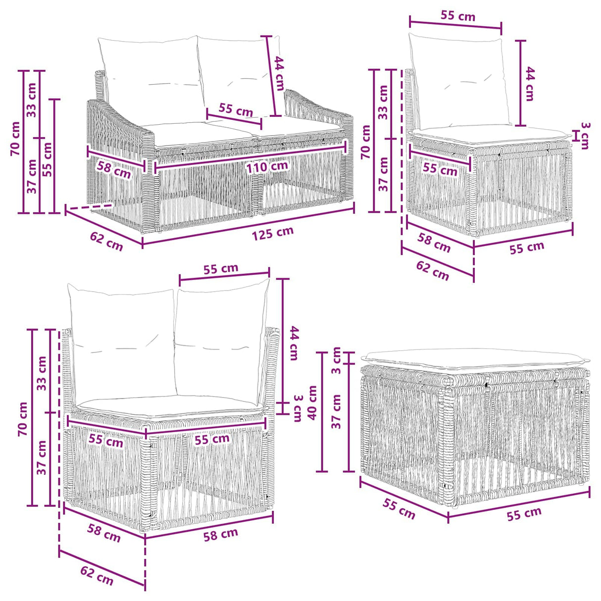 vidaXL Tuinbank Set 7 pcs Zwart poly rattan