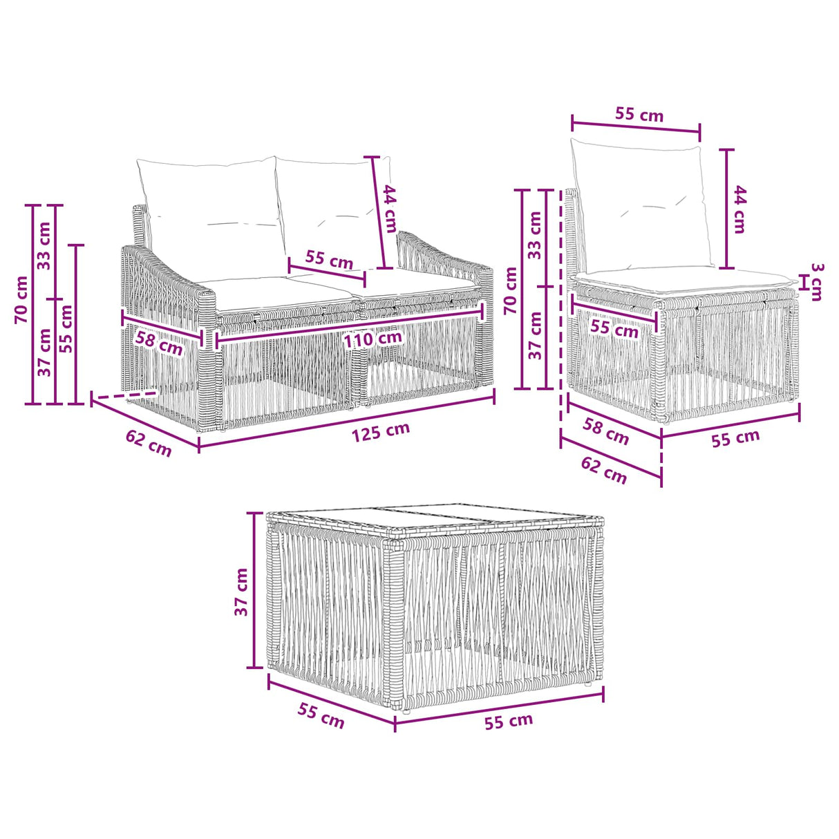 vidaXL Tuinbank Set 10 pcs Zwart poly rattan