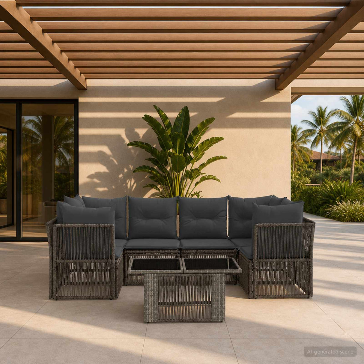 vidaXL Tuinbank Set 7 st Zwart poly rattan